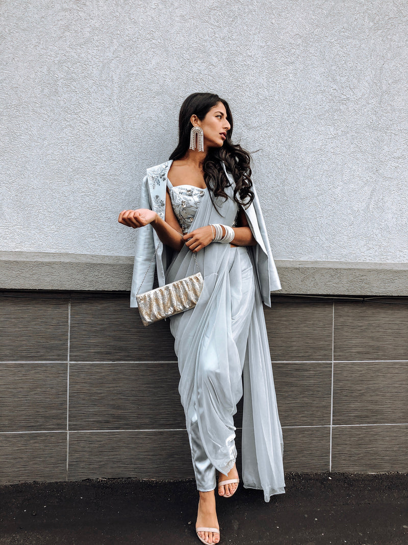 Mauve Drape Saree With Half Blazer | Long blouse designs, Saree, Drape saree
